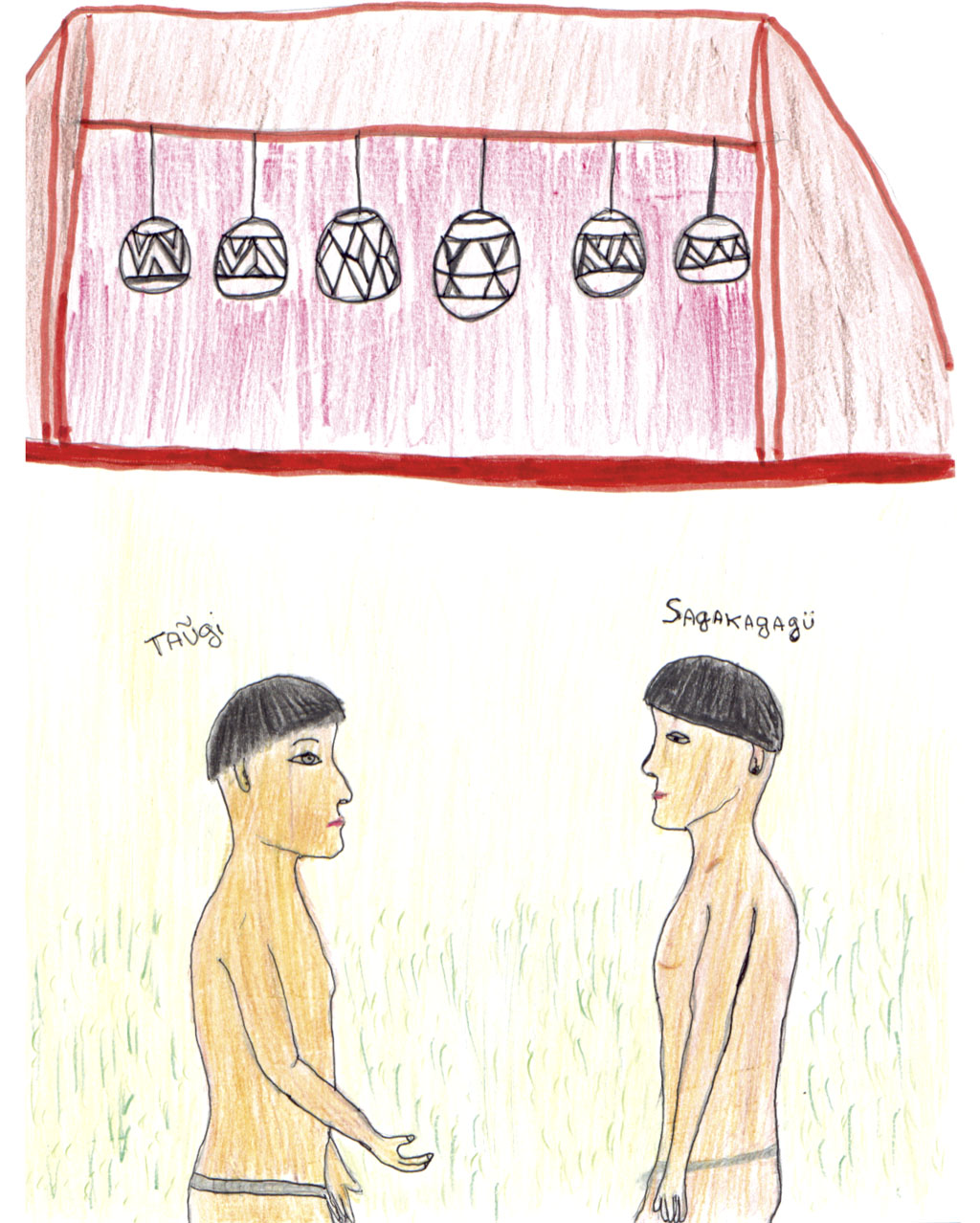 Ilustração da visita do deus Taũgi a Sagakagagü, em sua aldeia. Desenho: Sepé Kuikuro, 2002