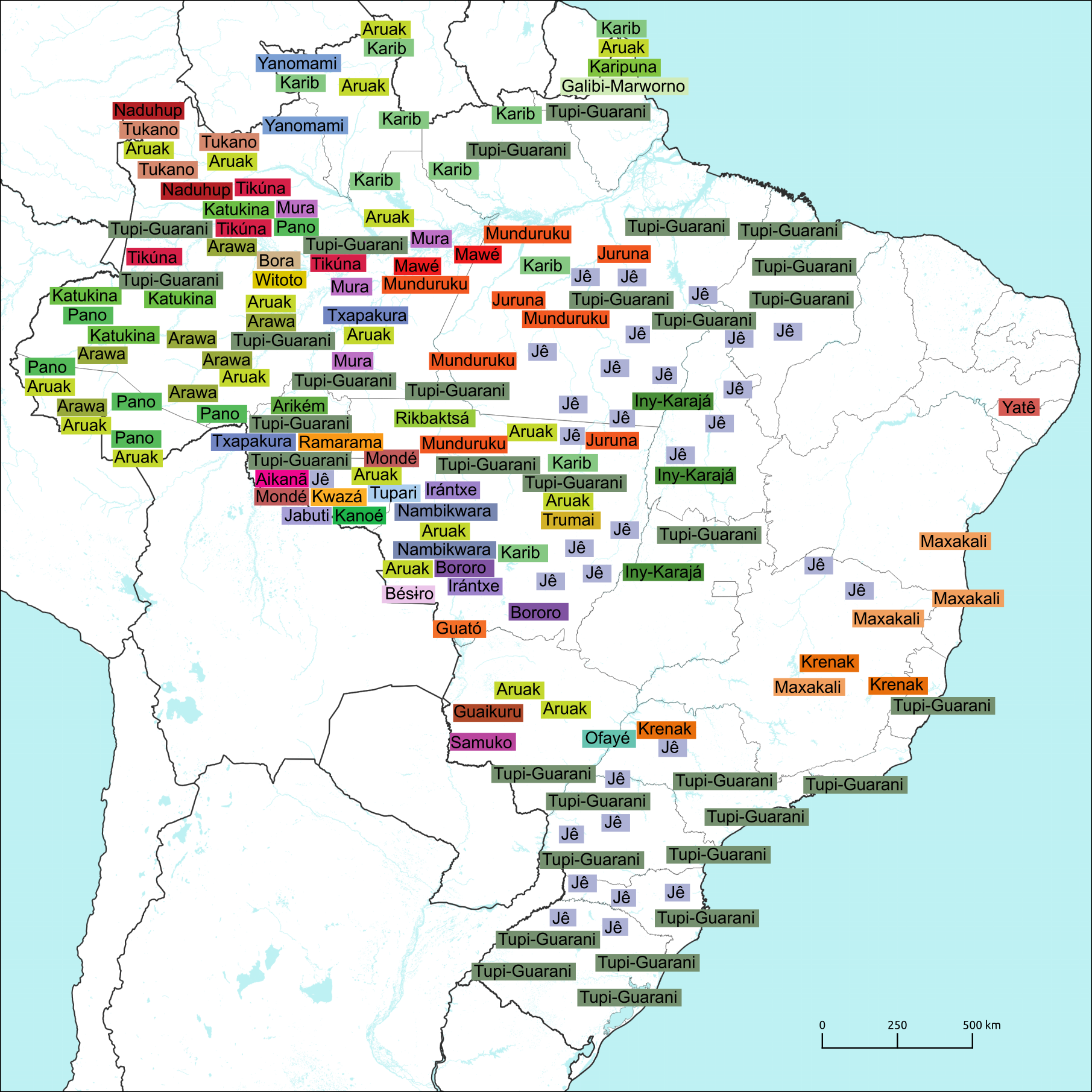 Famílias linguísticas indígenas no Brasil. Fonte: Instituto Socioambiental, 2023